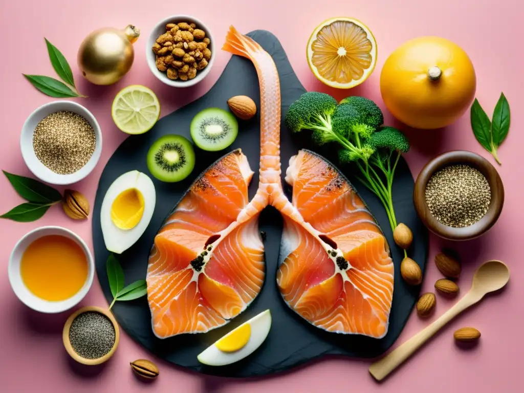 Imagen detallada de pulmones sanos rodeados de alimentos ricos en omega 3, destacando beneficios para la función pulmonar