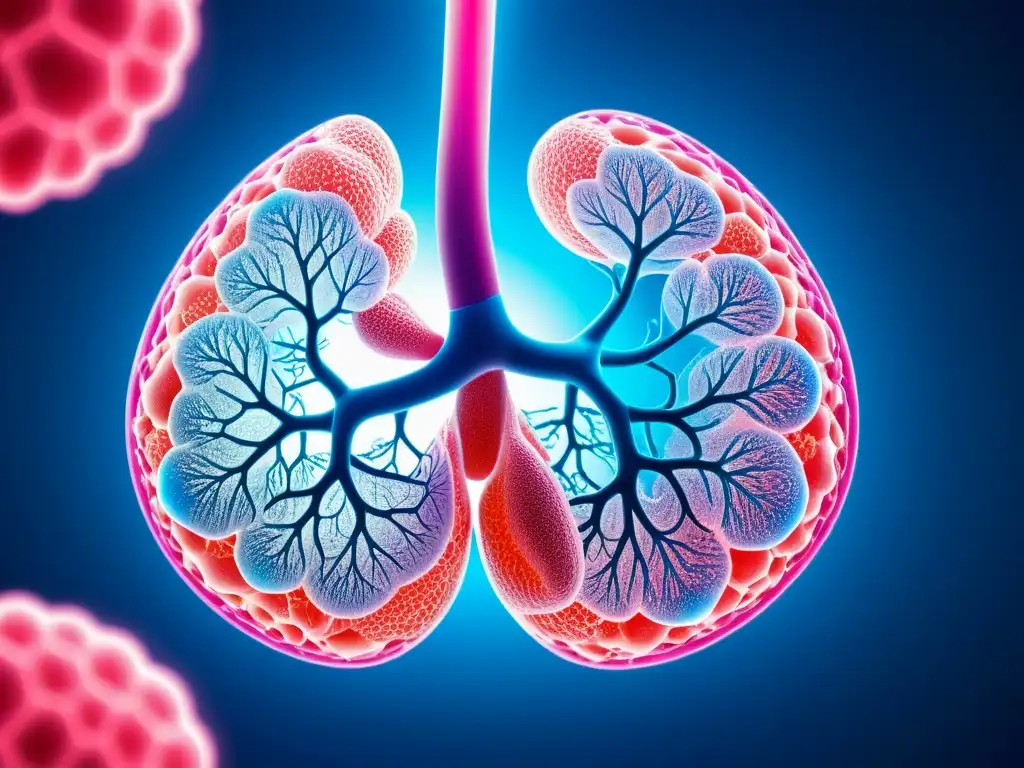 Imagen detallada de pulmones sanos rodeados de moléculas de omega3 y oxígeno, destacando los beneficios de oxígeno y omega3 en la salud pulmonar