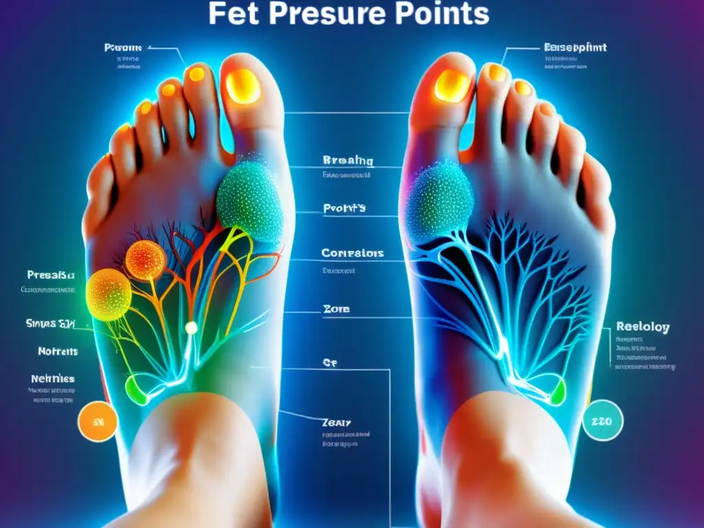 Una imagen detallada de puntos reflejos podales resaltados en colores vibrantes, conectando con la respiración consciente