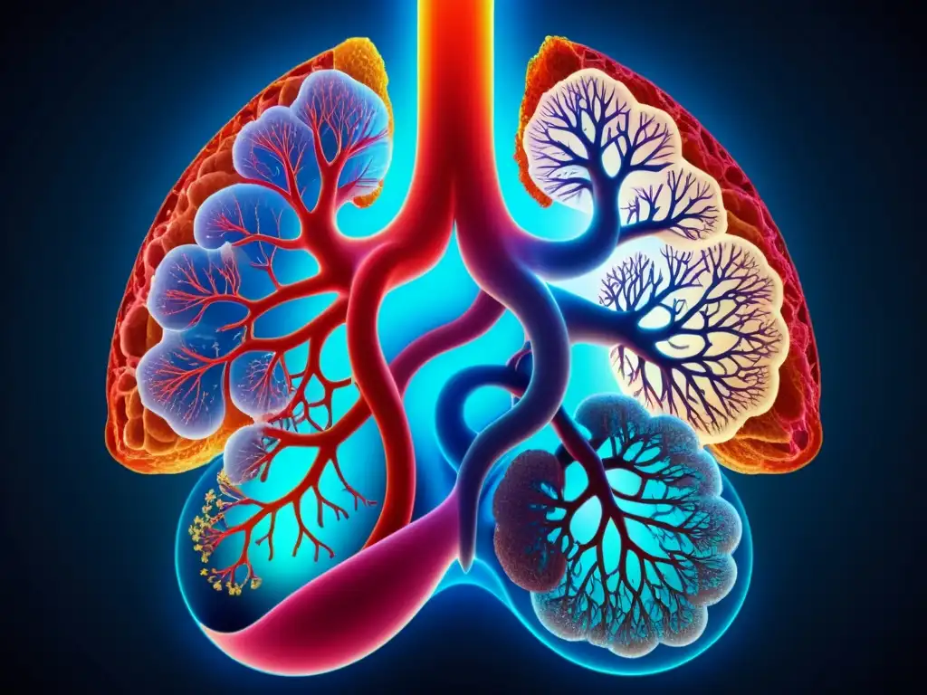 Una imagen detallada del sistema respiratorio, mostrando la ruta vital de la respiración con colores vibrantes y detalles anatómicos precisos