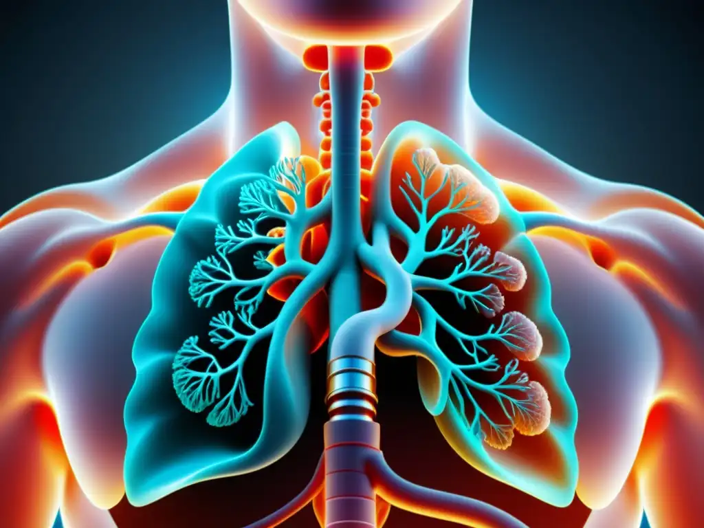 Imagen en 8k detallada del sistema respiratorio humano, resaltando la importancia de la tráquea y los bronquios en la respiración consciente