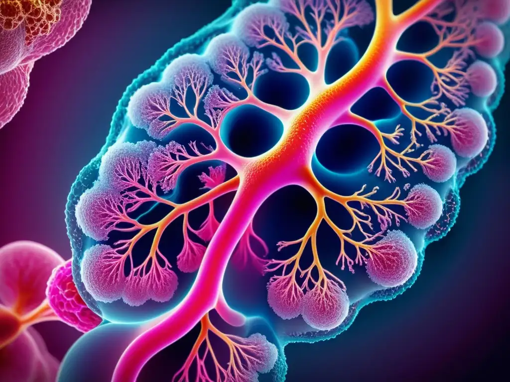 Una imagen detallada de tejido pulmonar sano en tonos rosados, con estructuras alveolares y vasos sanguíneos oxigenados