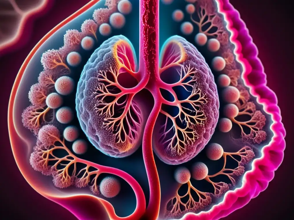 Imagen detallada de tejido pulmonar rosado y saludable, con alvéolos y vasos sanguíneos visibles