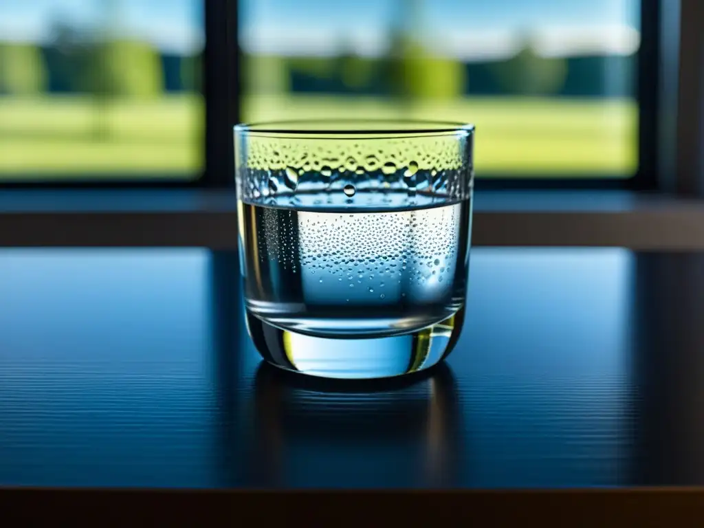 Una imagen detallada de un vaso de agua con gotas de condensación, transmitiendo frescura y tranquilidad