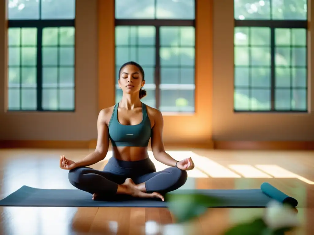 Imagen de un estudio de yoga sereno con luz natural, donde una mujer practica Bhramari Pranayama, transmitiendo paz interior y mindfulness