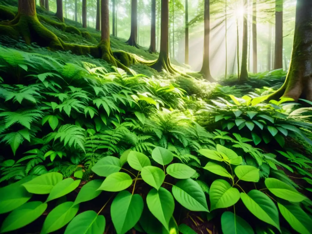 Imagen de un exuberante bosque verde con luz solar filtrándose a través de las frondosas hojas, creando un patrón moteado en el suelo del bosque