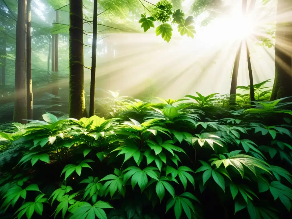 Imagen de un exuberante bosque verde con luz solar filtrándose entre las hojas, evocando serenidad y conexión con la naturaleza