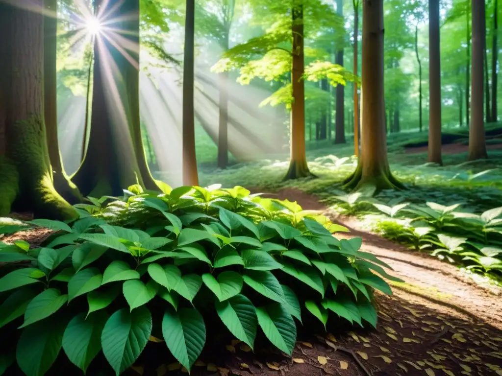 Imagen de un exuberante bosque verde con luz solar filtrándose entre las hojas, creando sombras en el suelo