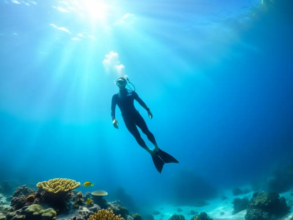 Una imagen fascinante de un buceador libre descendiendo graciosamente en aguas cristalinas rodeado de vida marina vibrante