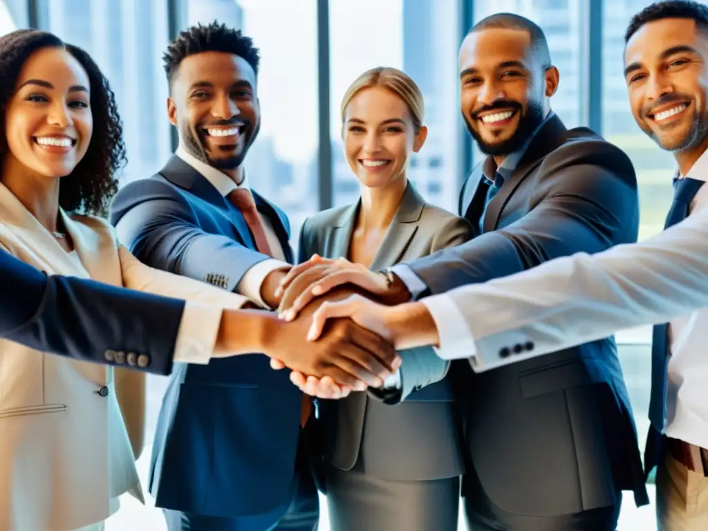 Una imagen de un grupo diverso de personas sonriendo, unidos en un círculo, en un entorno de oficina moderno y luminoso