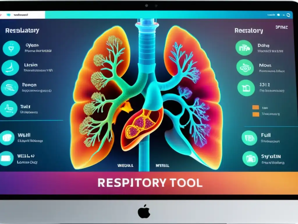 Imagen 8k de herramienta de diagnóstico AI con renderizaciones 3D del sistema respiratorio, destacando áreas de interés