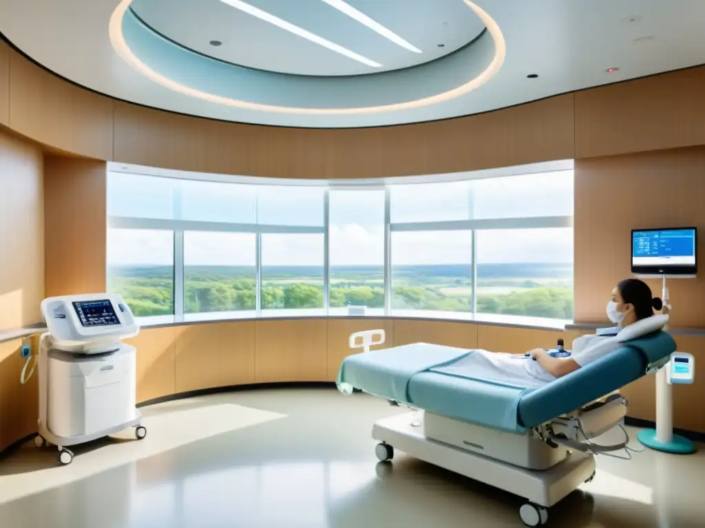 Imagen de una habitación hospitalaria moderna con ventilación mecánica no invasiva EPOC, cuidados médicos avanzados y atmósfera calmante