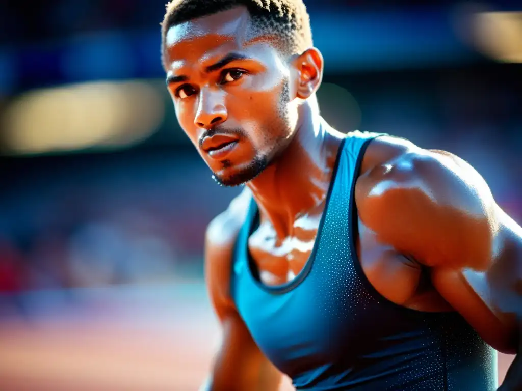 Atleta de élite en pleno esfuerzo Imagen impactante de un atleta de élite en pleno esfuerzo, con una respiración óptima, destacando su concentración y determinación