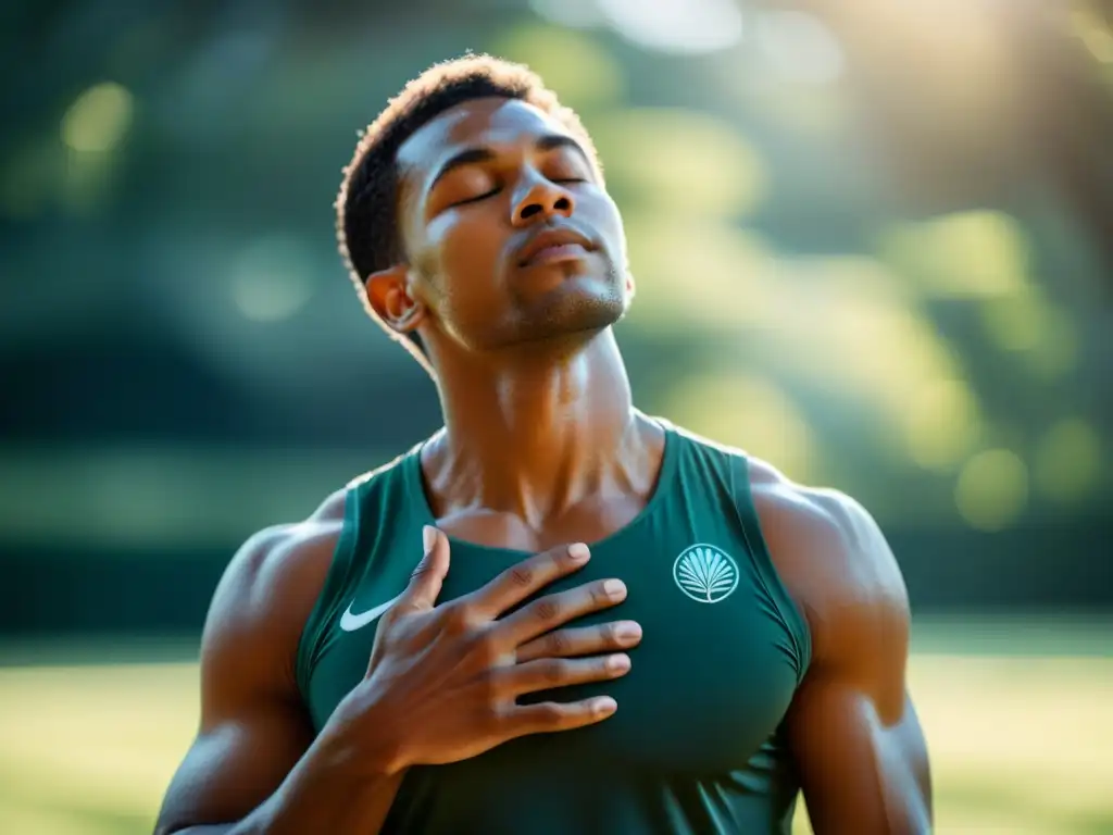 Imagen impactante de atleta con los ojos cerrados, emanando calma y control en un entorno tranquilo