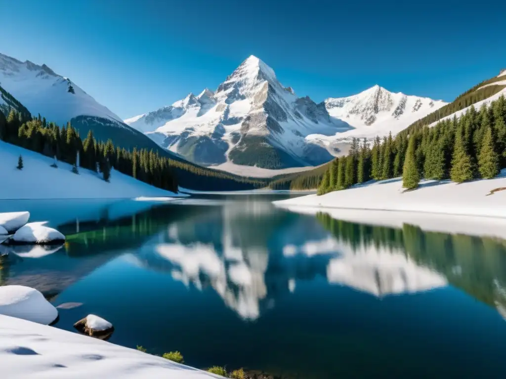 Imagen impactante de montañas nevadas y un lago congelado bajo un cielo azul claro