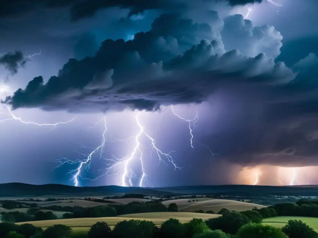 Imagen impactante de una tormenta severa con relámpagos dramáticos iluminando nubes oscuras y turbulentas