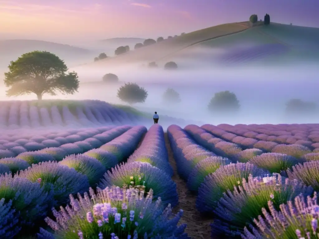 Imagen impresionante de un amanecer tranquilo sobre un campo de lavanda, evocando un ritual matutino aromaterapia respiración