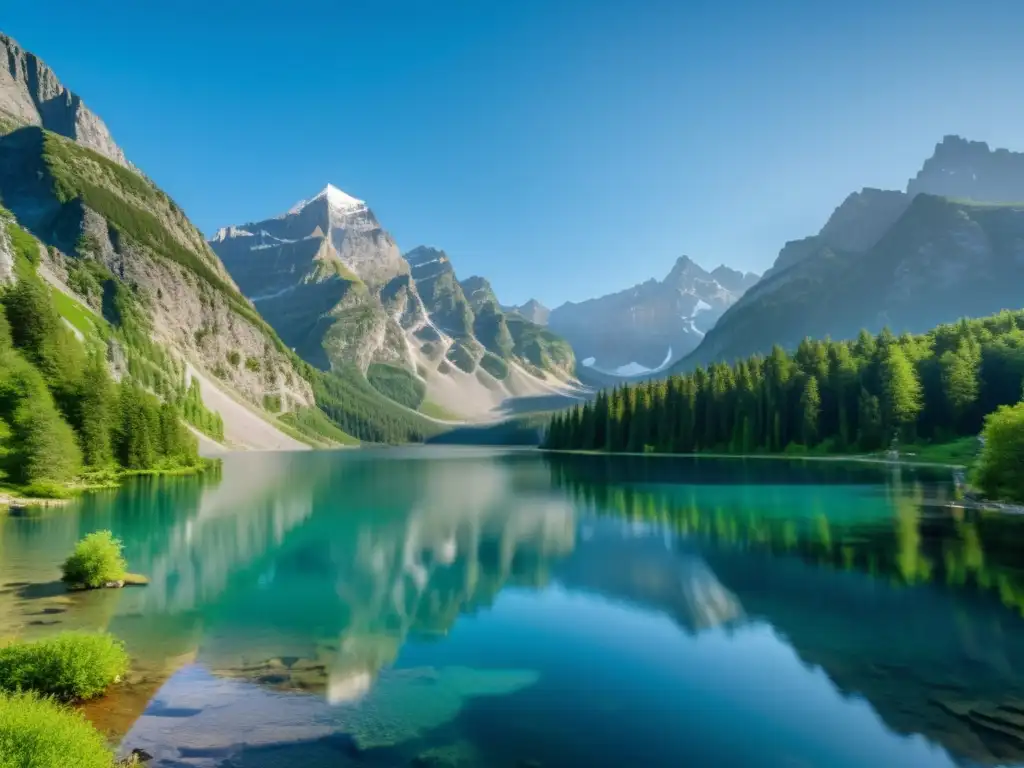 Imagen de un lago de montaña sereno y cristalino, rodeado de picos imponentes y exuberante vegetación