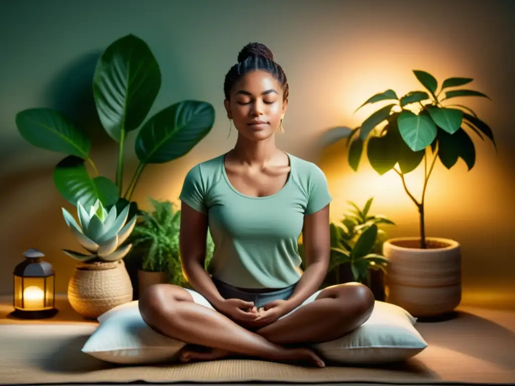 Imagen de meditación guiada para estrés respiración: persona relajada, sentada en cojín entre plantas con suaves luces, practicando mindfulness