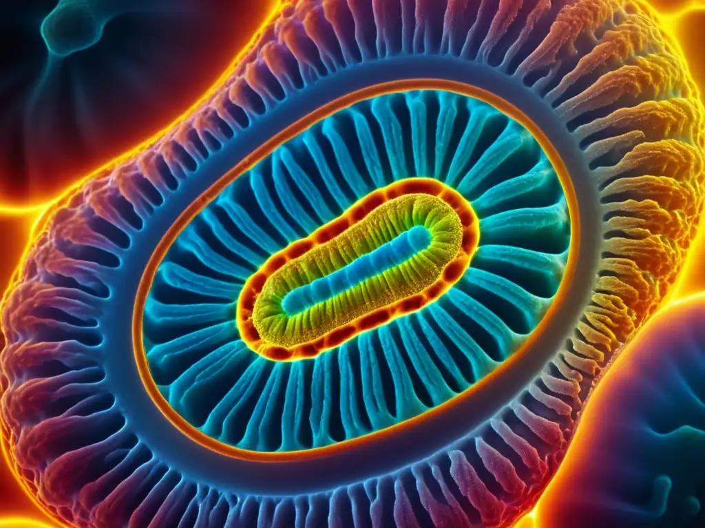 Imagen microscópica detallada de una mitocondria rodeada de coloridas proteínas de la cadena de transporte de electrones