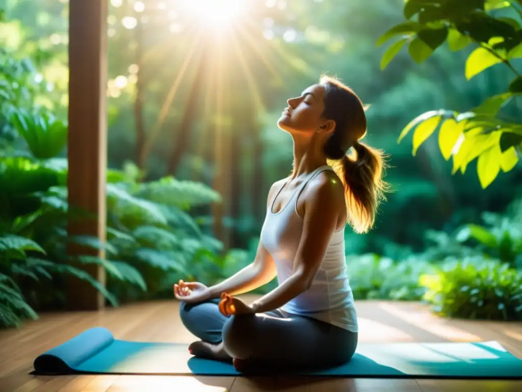 Imagen de mujer practicando ejercicios de respiración profunda en un entorno natural sereno, transmitiendo paz y calma