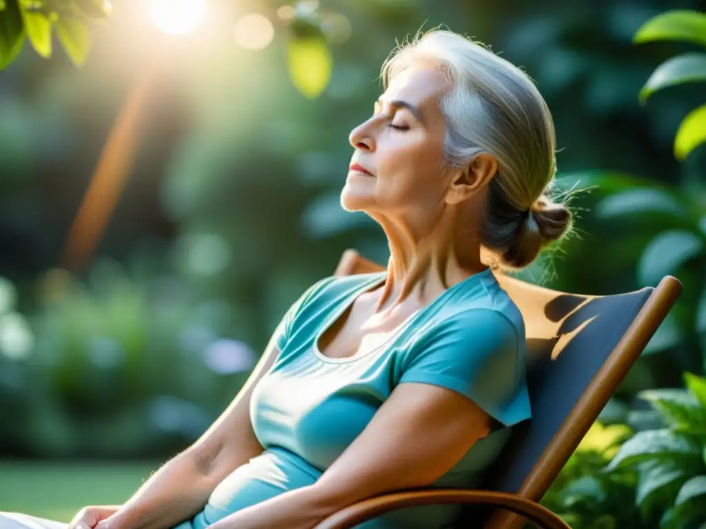 Imagen de una mujer mayor practicando ejercicios de respiración profunda en un jardín sereno, transmitiendo tranquilidad y bienestar, destacando los efectos del tabaco en seniors