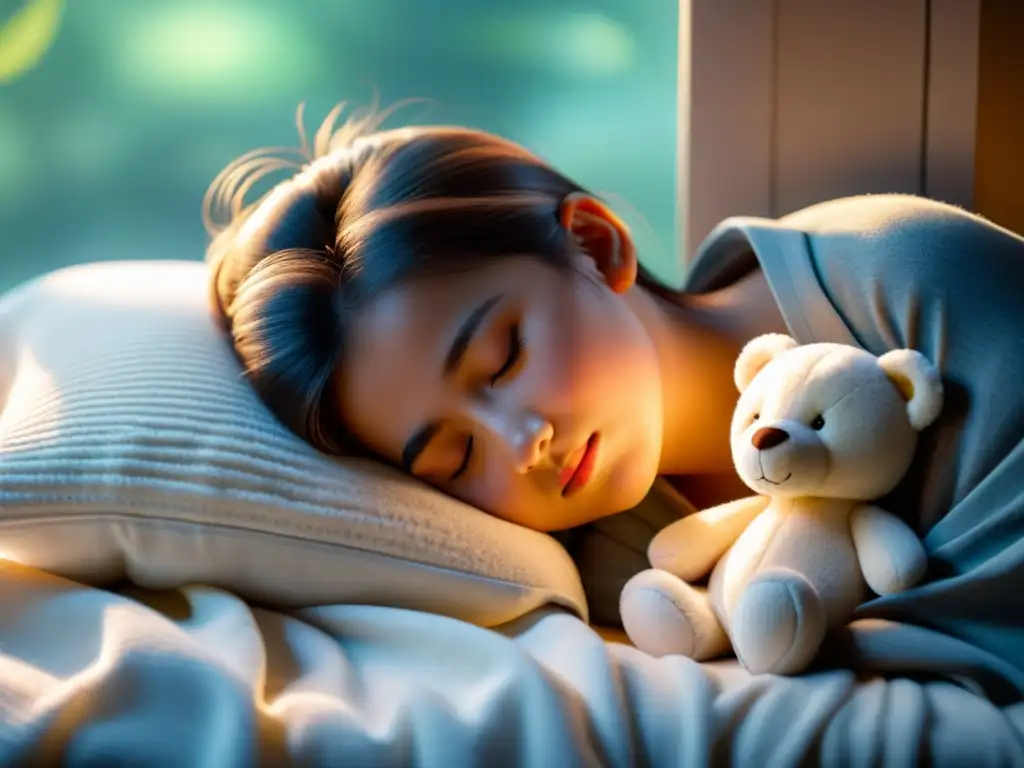 Imagen de un niño durmiendo tranquilamente en la cama, rodeado de mantas y peluches, con luz suave iluminando su rostro relajado