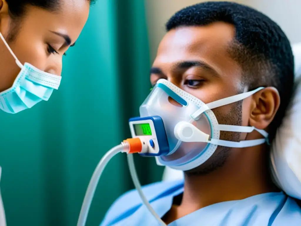 Imagen de paciente con EPOC recibiendo ventilación mecánica no invasiva, rodeado de equipo médico moderno en ambiente clínico esperanzador