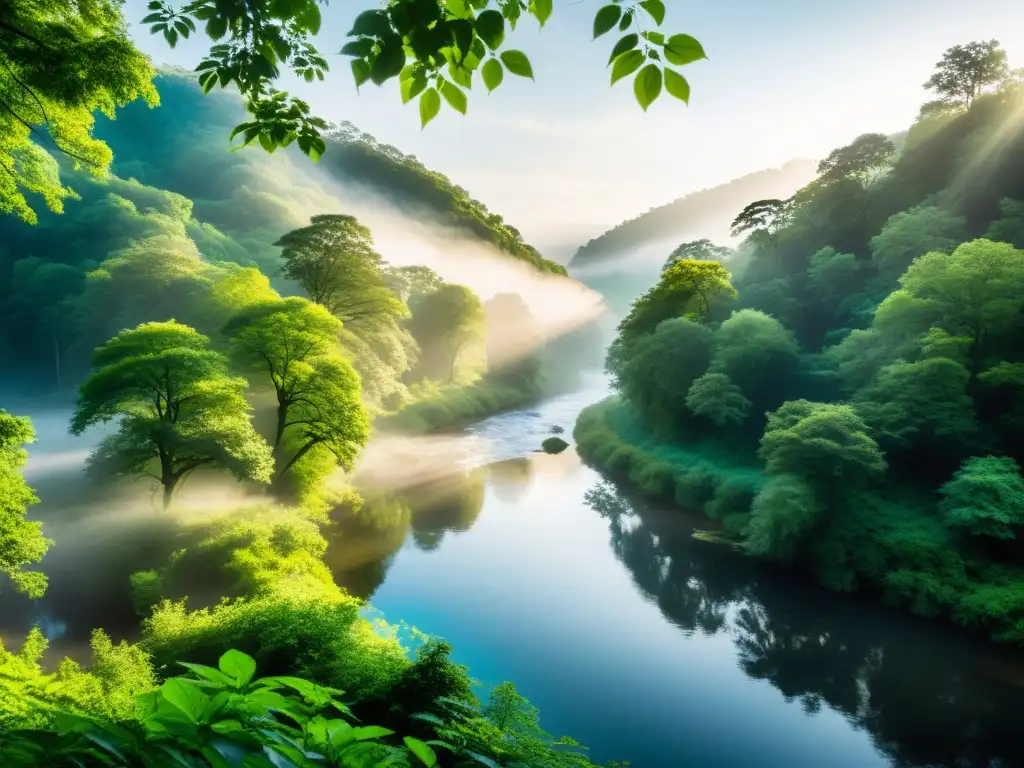 Río sereno en bosque exuberante: alivio del dolor crónico Imagen de un paisaje natural sereno con un río serpenteante que atraviesa un frondoso bosque