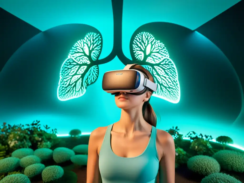 Imagen de paisaje de realidad virtual sereno con representación digital de pulmones expandiéndose y contrayéndose en sincronía con el entorno