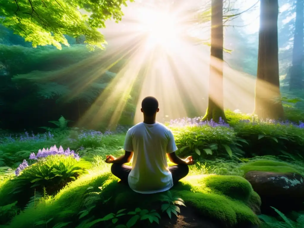 Imagen de meditación en el bosque: tranquilidad, paz interior y conexión con la naturaleza para servicios efectivos meditación respiración estrés