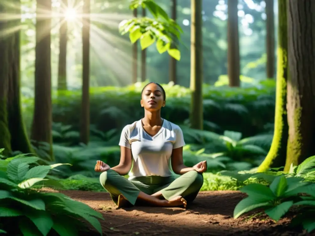 Imagen de persona en meditación en un bosque, practicando respiración para relajación profunda