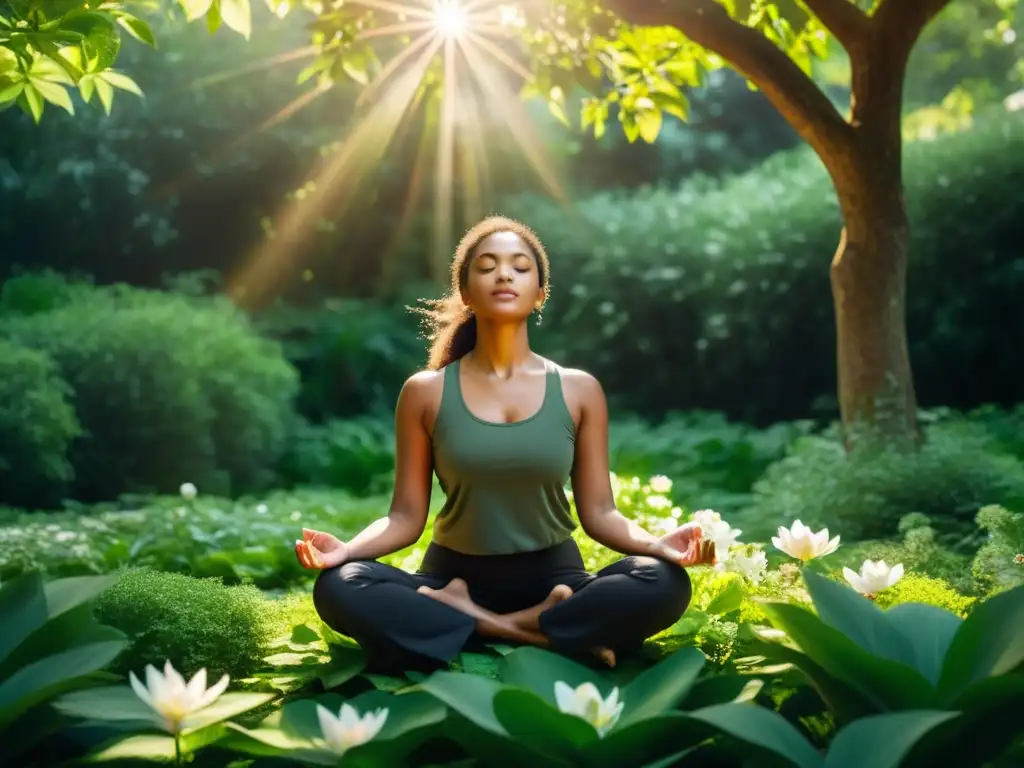 Imagen de persona meditando en un entorno natural, con luz solar entre las hojas