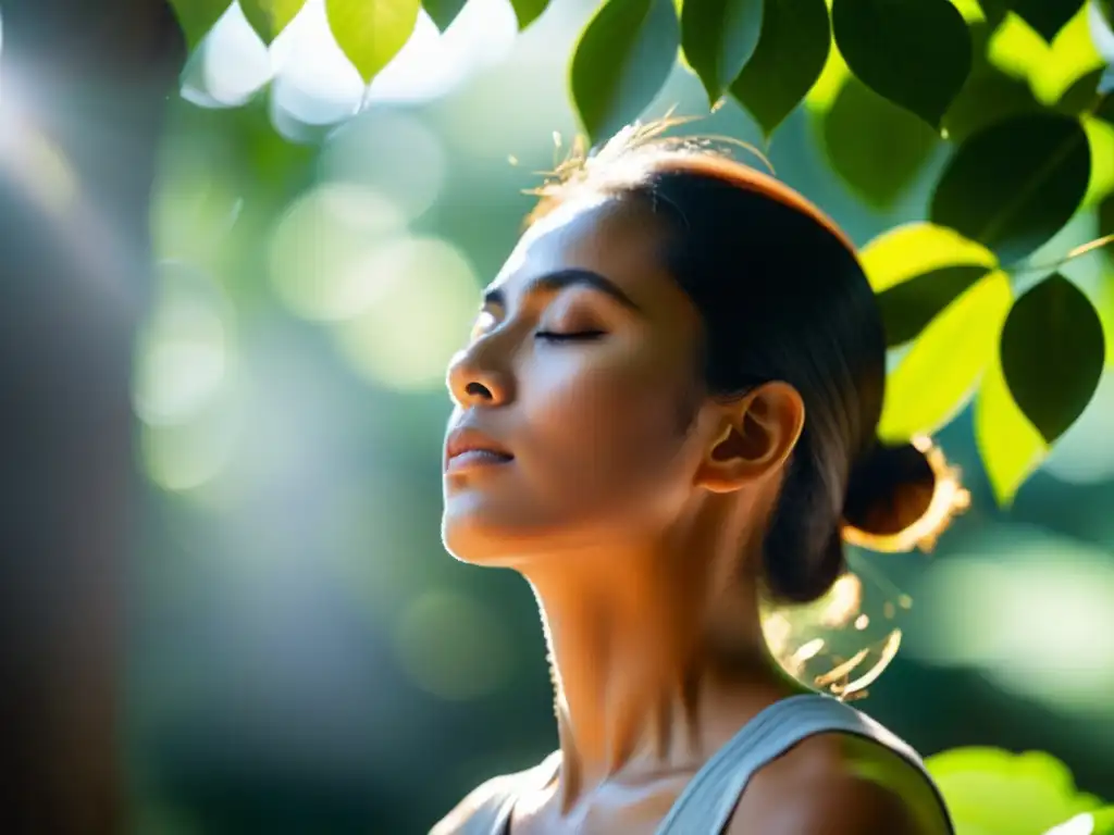 Imagen de persona meditando en un entorno sereno, con luz suave entre las hojas