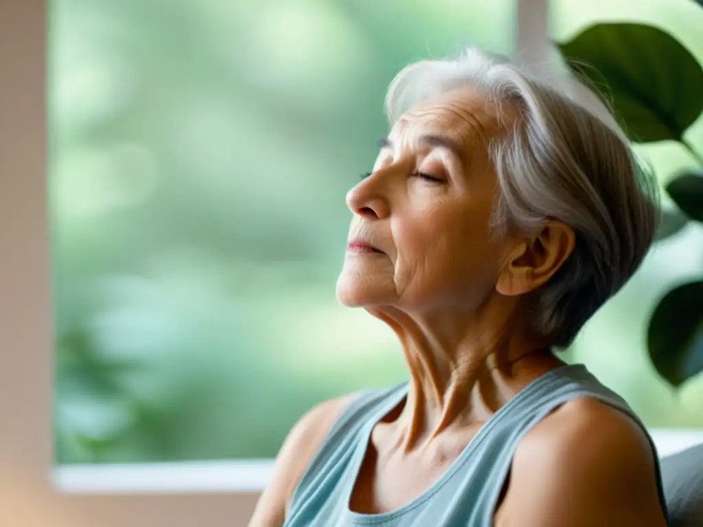 Imagen de una persona mayor realizando una rutina de respiración en un ambiente tranquilo y sereno, para aumentar energía en ancianos