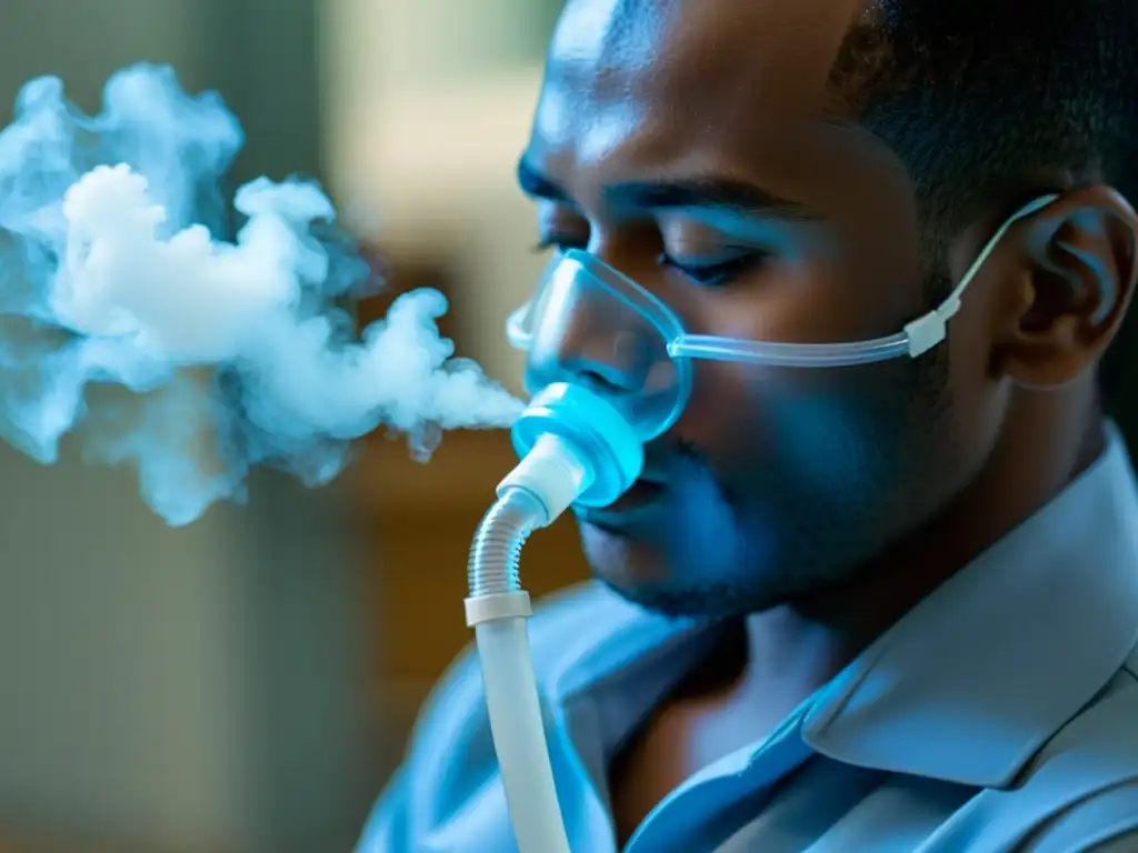 Imagen de persona usando nebulizador para administrar tratamiento respiratorio, demostrando técnica y precauciones