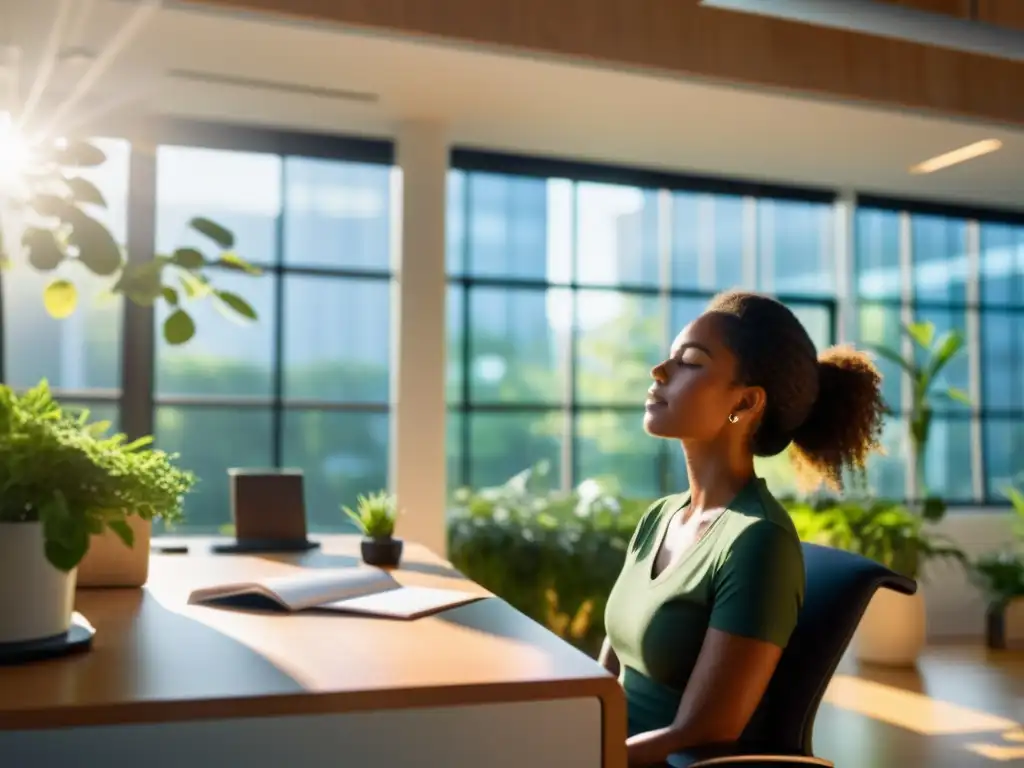 Imagen de una persona en pausa activa, practicando respiración consciente en un espacio de oficina moderno y tranquilo, con luz natural y plantas