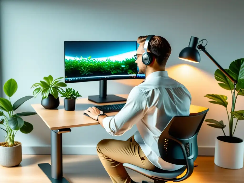 Imagen 8k de persona en postura ergonómica trabajando en escritorio con iluminación natural y plantas de fondo, ideal para la capacidad pulmonar