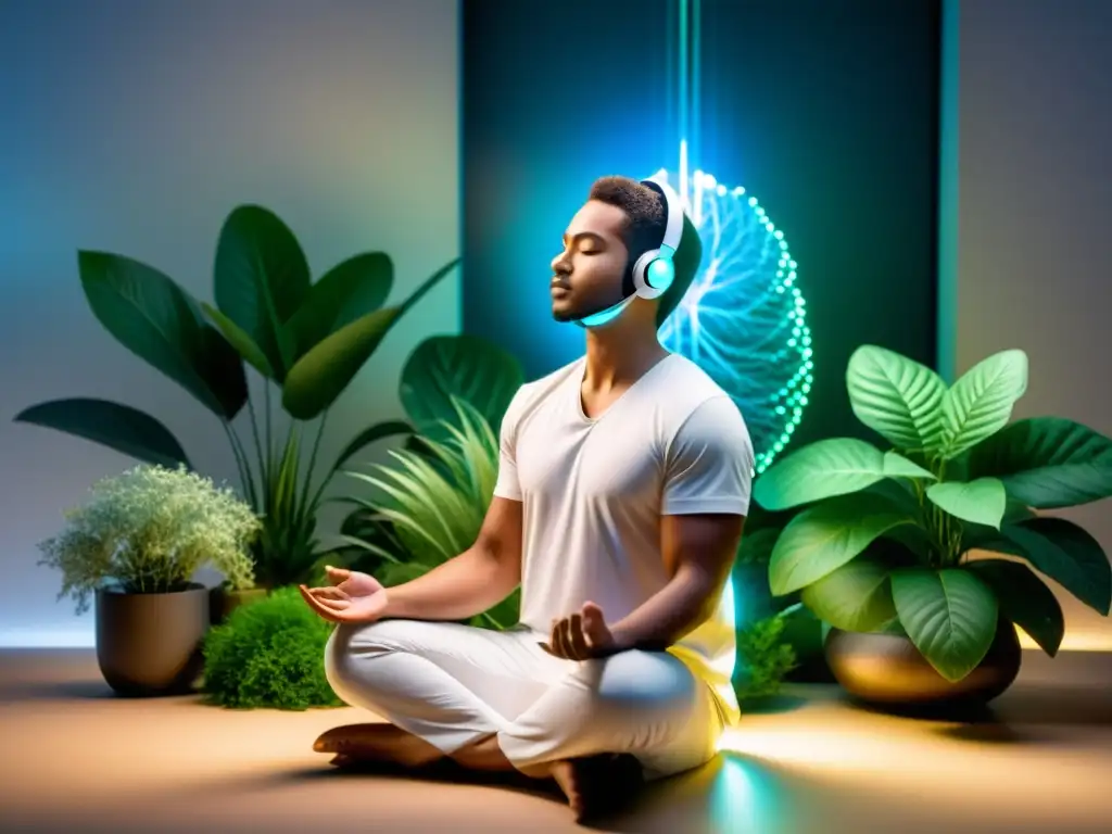 Imagen 8k de persona meditando con biofeedback respiratorio para controlar ansiedad en entorno tranquilo con plantas y luz suave