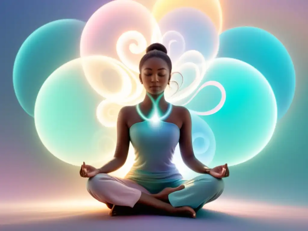 Imagen de persona en meditación, rodeada de luz suave y energía, representando el vínculo entre respiración y ansiedad