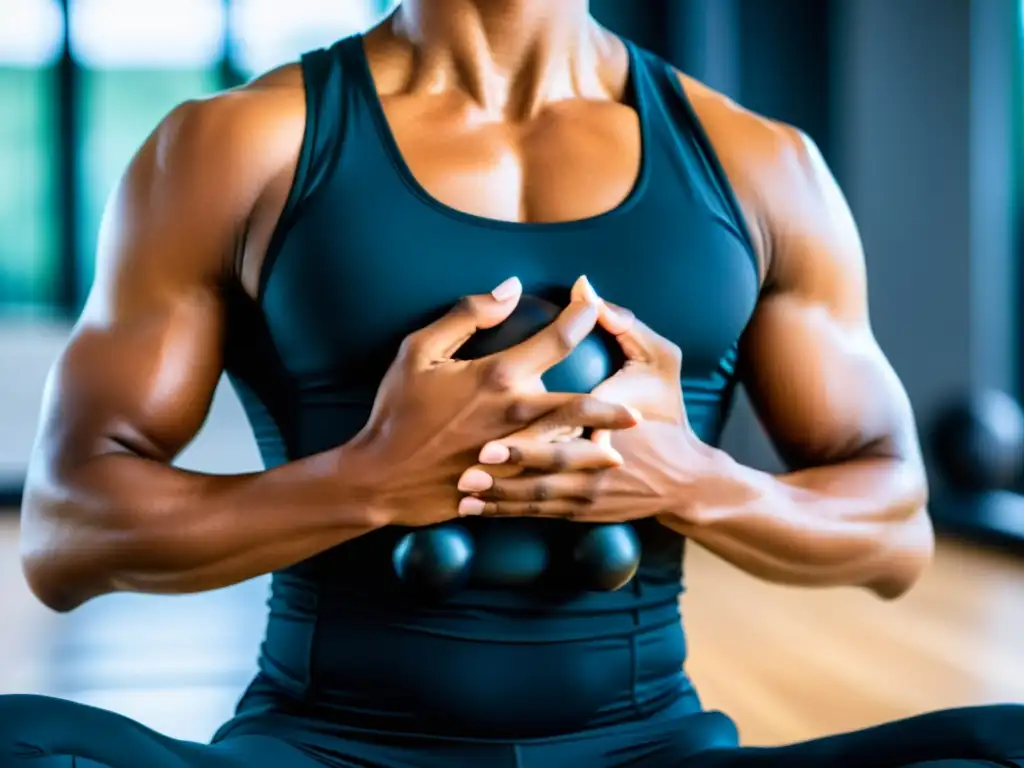 Imagen de persona en ropa deportiva practicando una respiración diafragmática profunda, demostrando la técnica adecuada para prevenir lesiones durante el entrenamiento