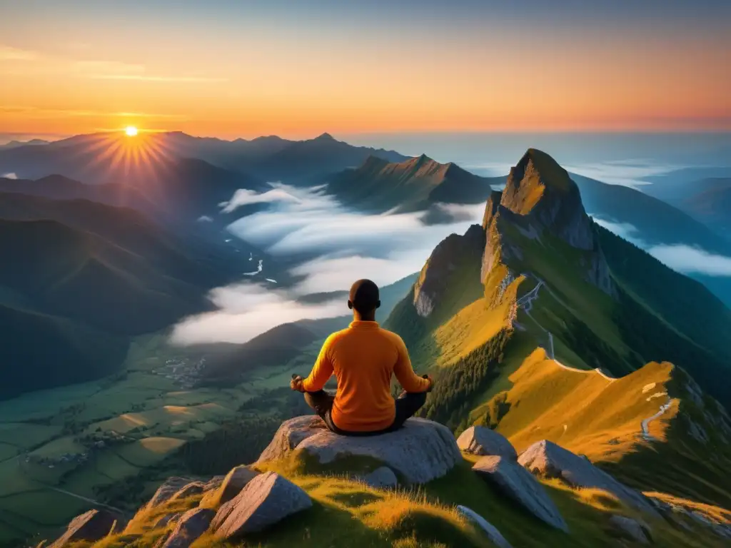 Imagen de montaña al amanecer con persona meditando, evocando superación y rendimiento deportivo mediante la respiración profunda