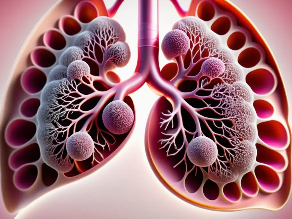 Imagen de unos pulmones sanos en primer plano, con detalles de los alvéolos y los bronquios visibles