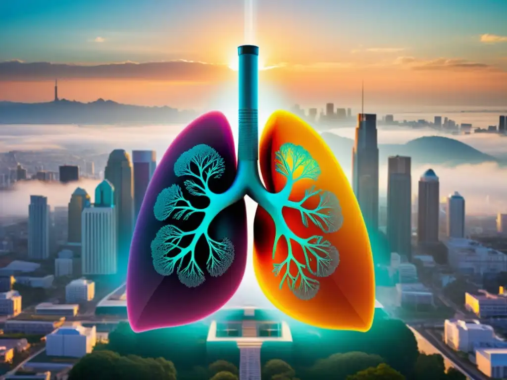 Imagen de pulmones sanos protegidos por un escudo transparente, representando suplementos protección pulmonar contaminación en entornos urbanos