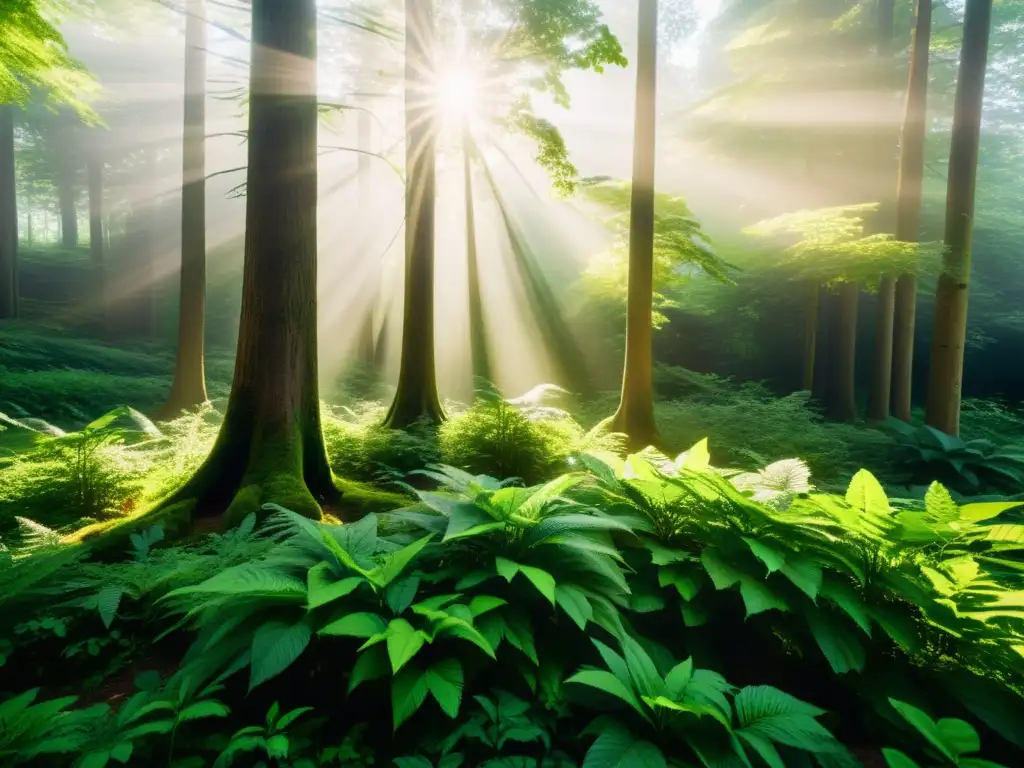 Imagen relajante de un frondoso bosque verde con luz solar filtrándose entre las hojas, evocando calma y tranquilidad