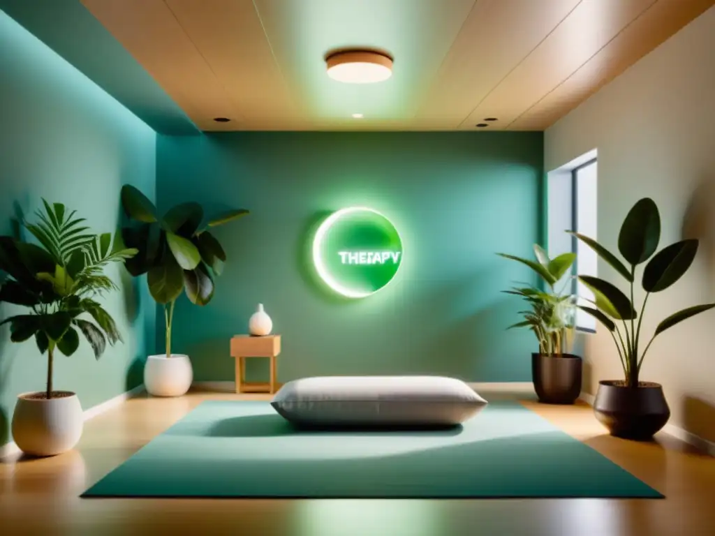 Imagen relajante de una sala de terapia moderna con luz suave y muebles cómodos