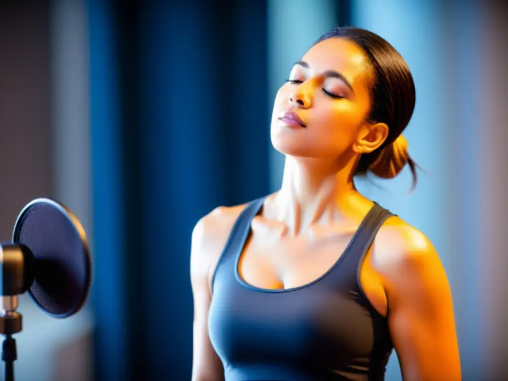 Una imagen de alta resolución de un instructor vocal demostrando técnicas de respiración para cantantes y actores en un estudio bien iluminado, con equipo de audio moderno de fondo