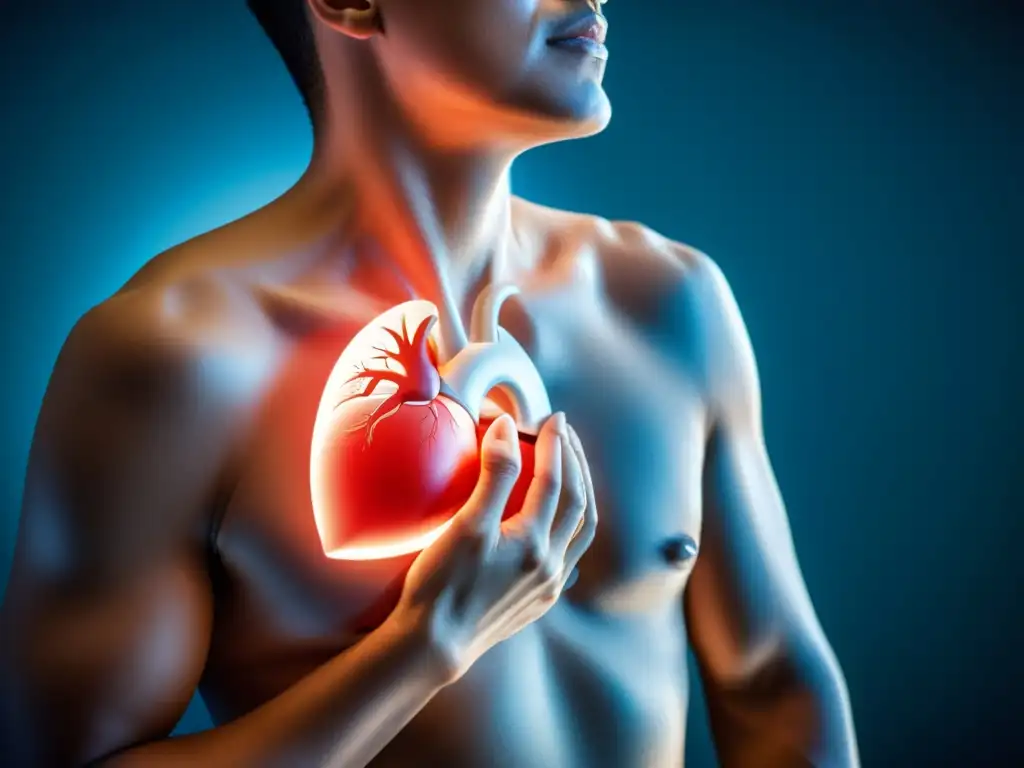 Respiración profunda: Rehabilitación Cardiopulmonar Imagen de alta resolución de una persona en rehabilitación cardiopulmonar, enfocándose en su pecho mientras respira profundamente