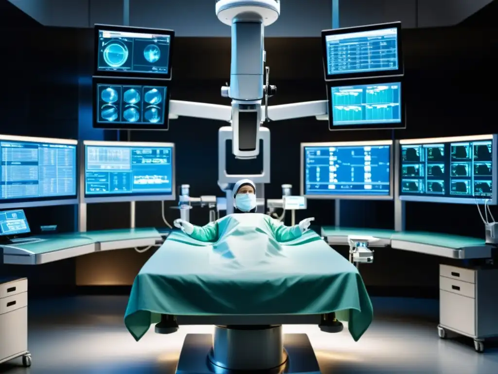 Imagen de alta resolución de un sistema quirúrgico robótico en una sala de operaciones moderna, destacando la avanzada tecnología y precisión utilizadas en cirugías torácicas