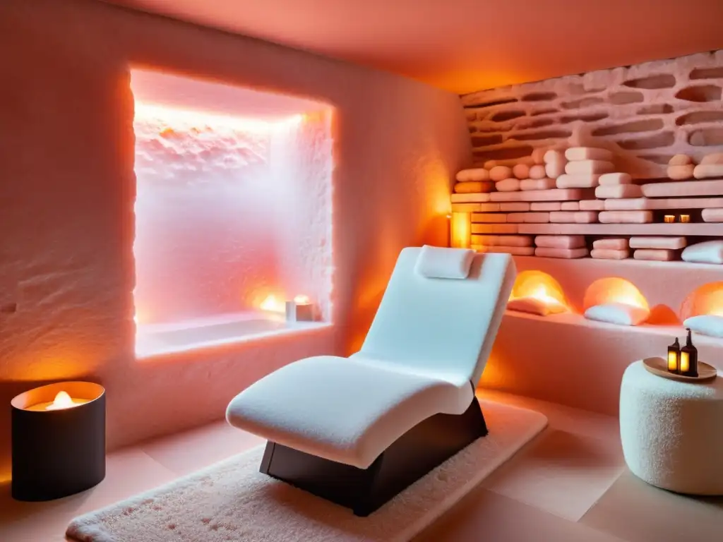 Imagen de una sala de spa serena con cámara de haloterapia futurista y ambiente relajante con terapia de haloterapia en balnearios